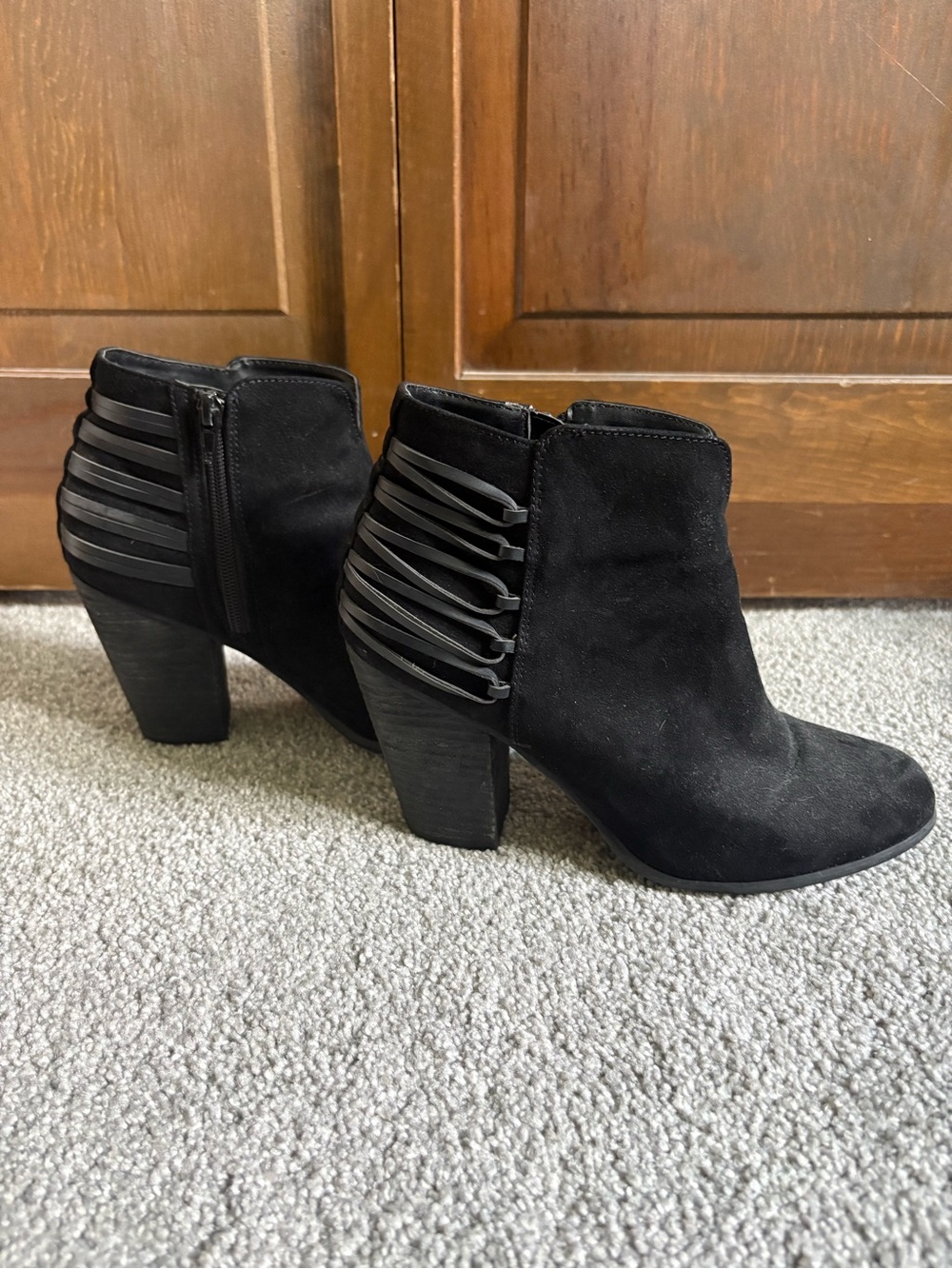 Carlos by Carlos Santana Black Suede Ankle Booties with Strapped Heel Detail